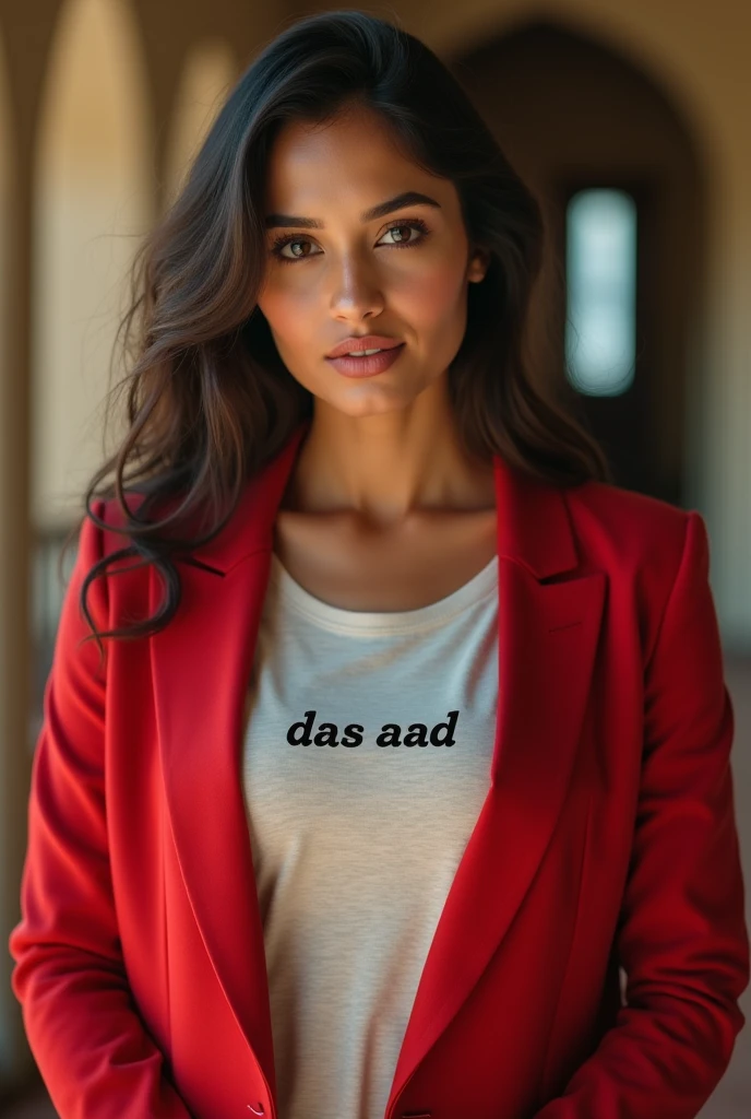 "Create an image of an Indian girl who is considered the most beautiful in the world. Her eyes should be similar to Shraddha Kapoor's—captivating and expressive. Her skin should be as radiant as Mahendra Singh Dhoni's—clear and glowing. She should be wearing a light-colored t-shirt with 'Das AAD' written on it, and a stylish red coat that hangs and adds a slightly attractive effect. Her odhni should be beautiful and complement her outfit. The image should capture her from head to toe, showcasing her full beauty and style. Her bosom should appear slightly attractive and eye-catching, with the coat enhancing this effect. She should be depicted as a devoted disciple of Sant Rampal Ji Maharaj, embodying honesty and Indian grace."