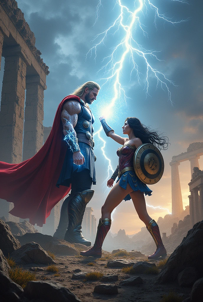 Battlefield of Legends: The ground trembles as Thor and Wonder Woman clash in an ancient ruin. Thor summons a storm of lightning, while Wonder Woman uses her shield to deflect and retaliate. Describe the epic exchange of blows and the sheer force of their attacks.