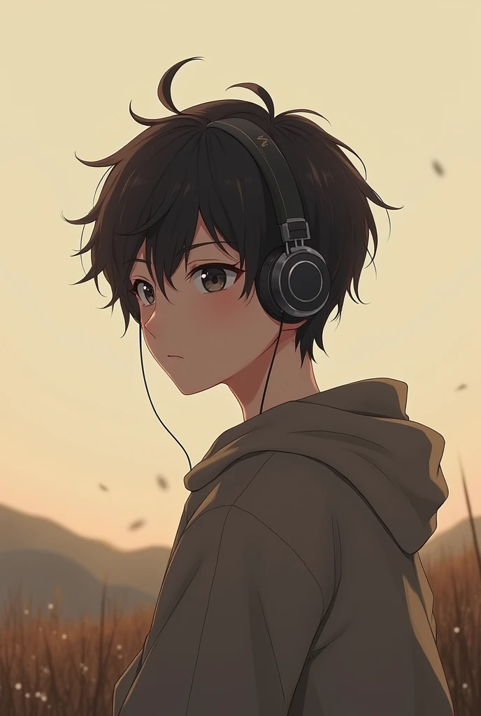 19 year old anime boy with headphones and a slightly duller light brown landscape background and a duller look