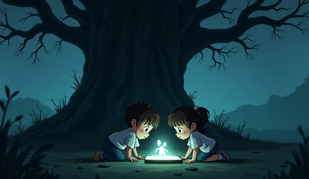 "Create an evocative scene where a mobile phone rests under a large, ancient tree. The phone displays a dark and eerie Bhootiya background, featuring ghostly figures or supernatural elements. Two children are engrossed in the phone's screen, their expressions a mix of wonder and fear as they explore the unsettling content."animated