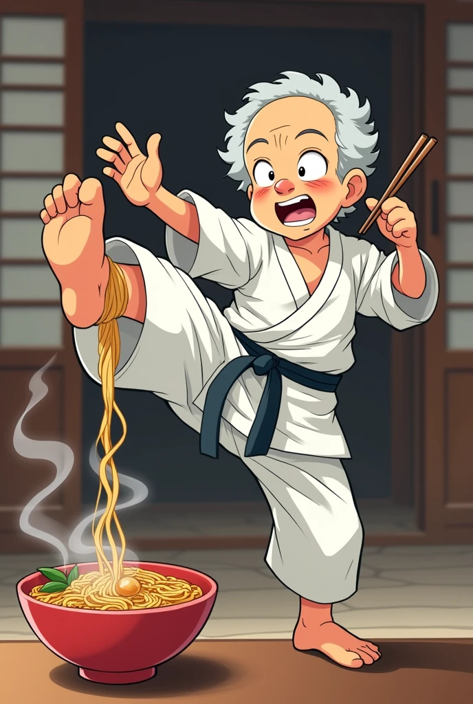 The character is based on the scene where Master Miyagi from Karate ??? is kicking and eating ramen.、I made a cute character out of a Japanese old man, eating ramen with chopsticks, wearing a karate uniform, doing an upper kick, in an anime style with chopsticks in his right hand.、Hold the ramen in your left hand