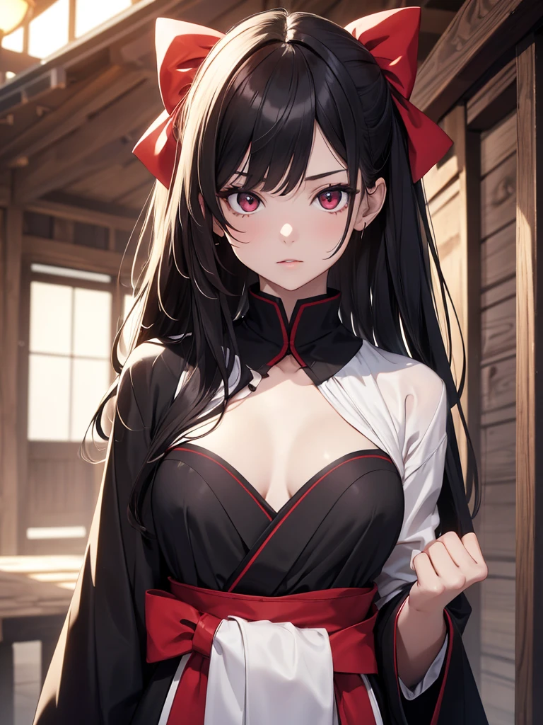 (8K, Best Quality, Masterpiece, Ultra High Resolution) Single Person, 1 Girl, Young, Cute Eyes, Face Details, Pale Skin, Slender, Short, Flat Chest, Lactating, Dark Black Hair, Long Hair, Red Eyes, Wearing Black Mesh Robe, Hair Bow, Traditional Japanese Home, Best Quality, Upper Body, Looking at the Viewer, Facing Viewer, Close Up