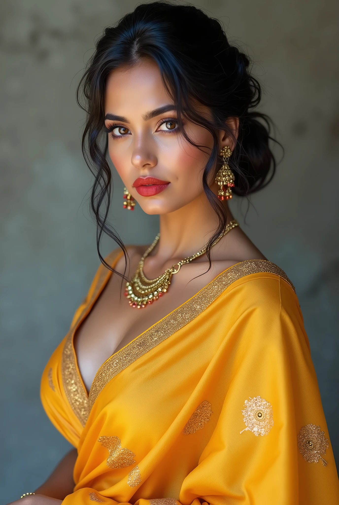 ((Full Open boobs)) perfect pink eyes, fantastic face, Indian, beautiful look, ((red lips, bright eyes, curve heir 1.5)), ((beautiful details very big breast )), (Straight round and ultra huge clevage, not sagging breast), A glorious gorgeous, glorious gorgeous face, pretty face, bright eyes, detailed elegant printed yellow saree, updo elegant hair, blurred gray tones background, ultra focus, face ilumined, face detailed, 8k resolution, painted, dry brush, brush strokes, razumov style and garmash style, by Tokaito