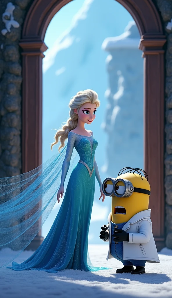 
 Elsa is walking out of the gate, surprised but curious look at Minion wearing scientist outfit