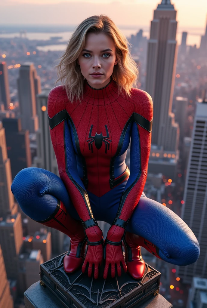 Spiderman Girl version without mask in red and blue iron spider suit while sitting on top of a building in New York city Background