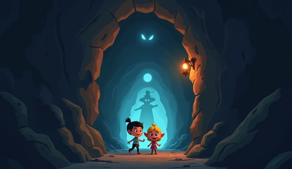 The Aryan and sia walking cautiously through a dimly lit tunnel with shadowy figures around them." Look like a cartoon animation