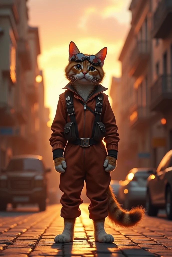 A cat with pilot suit standing between road surrounded with buildings at sunset