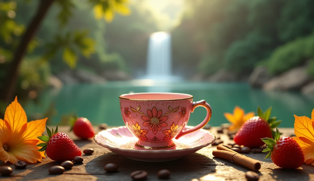 ultra realistic, masterpice, raw photo, 8k, super detailed, photography. Against a lush tropical rainforest backdrop, featuring a lake and majestic waterfall, a small pink cup coffee of latte adorned with intricate Art Nouveau designs sits atop a bed of autumn leaves and yellow flowers. The cup's texture gleams in the sparkling light, as coffee beans, cinnamon sticks, star anise pods, and strawberries scattered surround it. The cup is a work of art, strongly influenced by the Art Nouveau decorative style, decorated with intricate and elaborate motifs. The body of the cup is decorated with delicate motifs, combined with gold and a few sparkling jades, evoking a sense of elegance and sophistication. Delicate motifs the cup's body, accented by gold, exuding elegance. The sleepy morning light bathes the scene in a soft, golden glow. The overall atmosphere is one of relaxation and tranquility. The vibrant colors of the scene pop against the misty rainforest atmosphere. Dynamic angle, gorgeous colors, original style, stylized 250, 45 degree angle , creative cinematic composition.