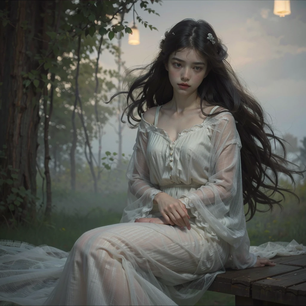 Prompt: "Generate an image of a ghostly woman, her form ethereal and translucent, with a gentle, melancholic expression. She should have flowing, wavy hair that seems to drift in an unseen breeze, and her eyes should convey a deep sense of sadness and longing. Her clothing is delicate and wispy, almost blending into the mist that surrounds her. The overall atmosphere is quiet and somber, with soft, muted colors dominating the scene. The lighting is dim and diffused, casting a faint glow around her, adding to the sense of her being between worlds. Despite her ghostly nature, there is nothing frightening about her—only a lingering sorrow, as if she is forever yearning for something lost