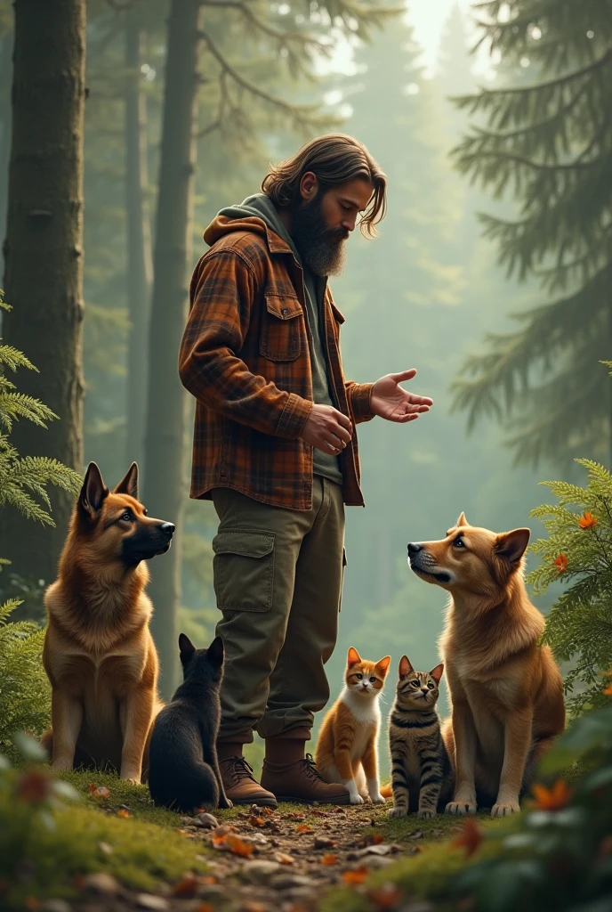 A handsome man with a beard and long hair talking to dogs and cats in the forest.