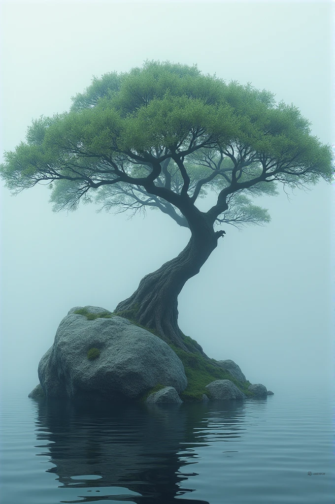I am the special rock next to the special tree from which you can see all the wisdom, elegance, and power in the middle of the sea surrounded by fog and only the branches of the tree stand out and I, the stone, always together. , The message I want to convey is that good things always last. , very royal style , 48k photo editing