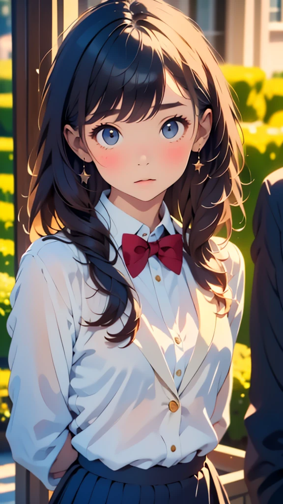 (masterpiece, best quality:1.4), award winning portrait, 8k, 85mm, solo, beautiful face, delicate girl, , (dark navy blazer jacket, arms behind back, close up face:1.2), dark navy skirt, long sleeve, violaceaess, gardeniass, elegance, sophisticated, cute, teen, looking at viewer, 18yo, raw photo, absurdres, HDR, sharp focus, bow tie, bokeh background