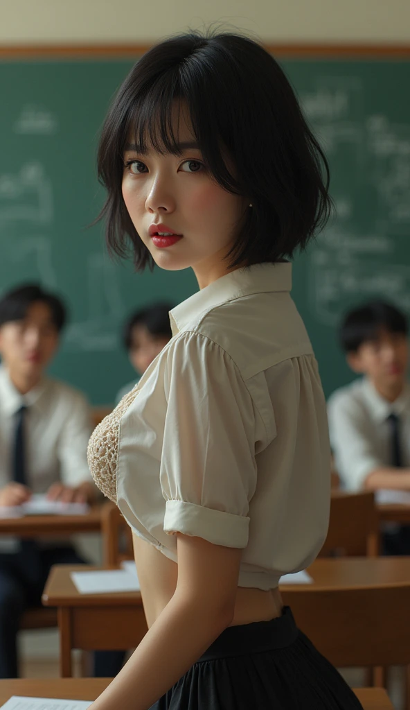 Erotic school teacher back view ,30 year old,korean, visible bra, short hair, open mouth, school uniform, seating on table, school boys looking at her