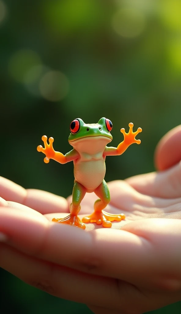 photorealistic, 34k, A frog dancing perched on a human hand