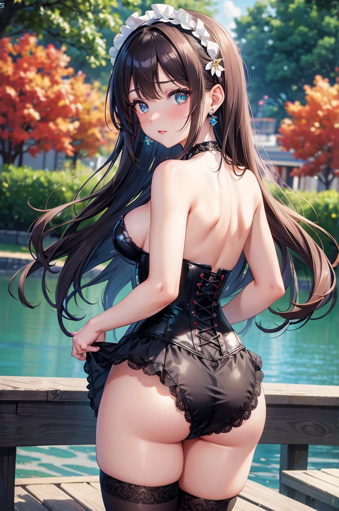 A beautiful girl in a corset and stockings posing for a photo, anime girl, flower garden with wooden benches, blue sky with white clouds, big rounds breasts, choker with bell, strapless corset, thigh highs, lace panties, cute round buttocks, she turns back, shows her ass, beautiful detailed face and eyes, perfect anatomy, dark brown hair, long bangs, long hair, wavy hair, expressive hair, shiny hair, tied hair, hairclip, jewelry, ta hairband, aqua eyes, glowing eyes, pupils sparkling, earrings, red lips , glossy lips, shy, embarrassed, blush, nervous, high detail, anime, anime style, cinematic lighting, image fill, framed, head out of frame, pov, multiple views, perspective, panorama, lens flare, Wide-Angle, f/1.8, 85mm, Nikon, from behind, 8k, super detail, UHD, retina, masterpiece, accurate, anatomically correct, textured skin, high details, best quality, highres, 16k