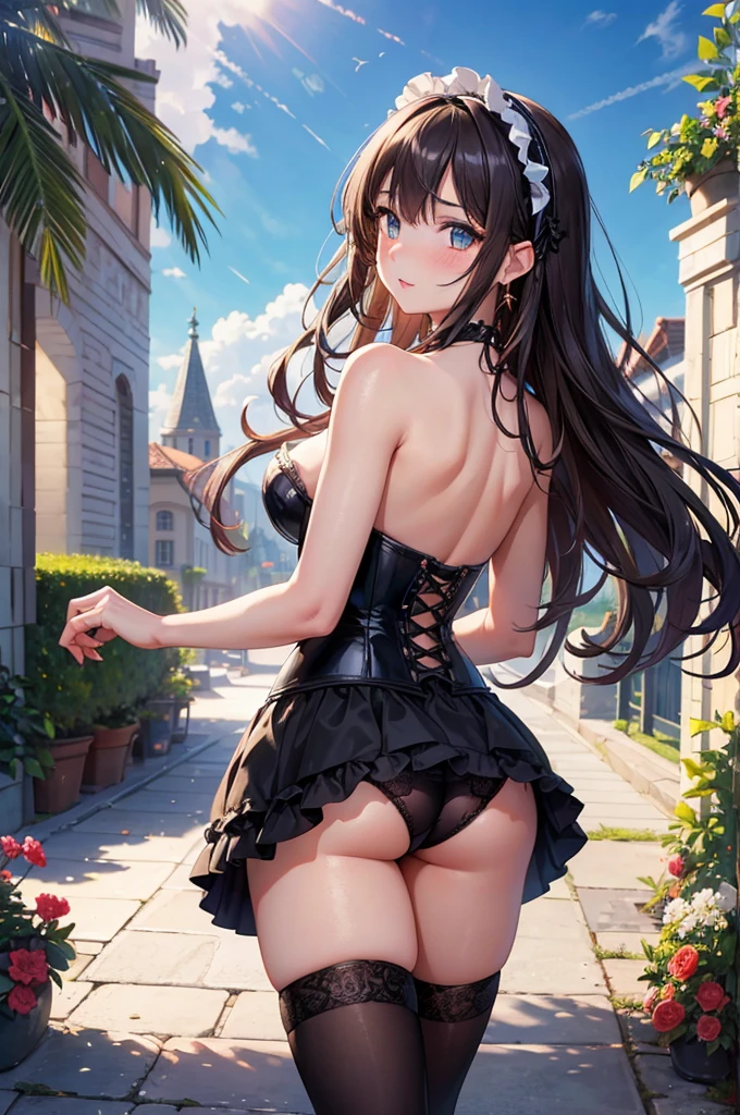 A beautiful girl in a corset and stockings posing for a photo, anime girl, flower garden with wooden benches, blue sky with white clouds, big rounds breasts, choker with bell, strapless corset, thigh highs, lace panties, cute round buttocks, she turns back, shows her ass, beautiful detailed face and eyes, perfect anatomy, dark brown hair, long bangs, long hair, wavy hair, expressive hair, shiny hair, tied hair, hairclip, jewelry, ta hairband, aqua eyes, glowing eyes, pupils sparkling, earrings, red lips , glossy lips, shy, embarrassed, blush, nervous, high detail, anime, anime style, cinematic lighting, image fill, framed, head out of frame, pov, multiple views, perspective, panorama, lens flare, Wide-Angle, f/1.8, 85mm, Nikon, from behind, 8k, super detail, UHD, retina, masterpiece, accurate, anatomically correct, textured skin, high details, best quality, highres, 16k
