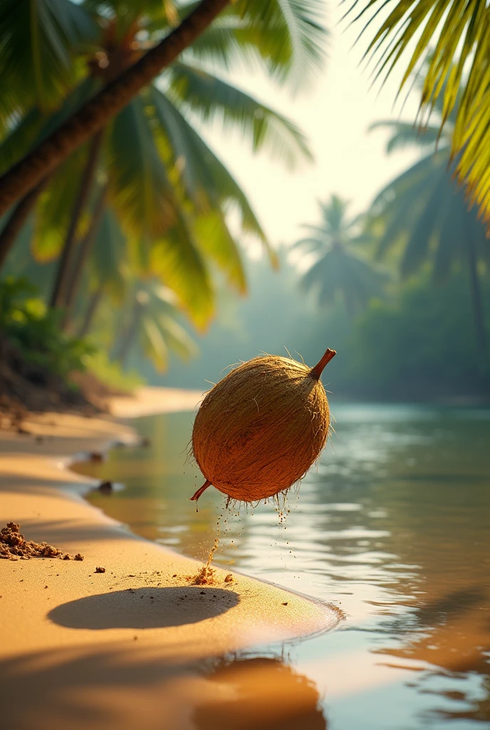 Cocunut falling down to sand on a river side area in kerala