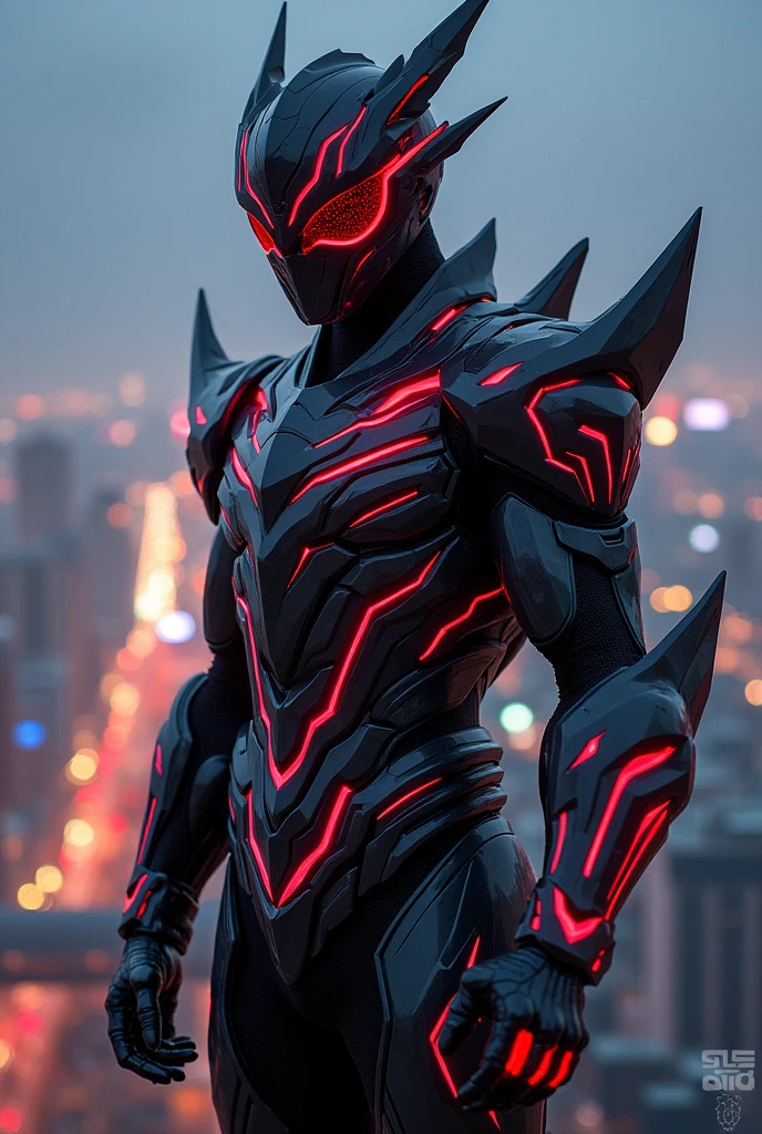 Create a Kamen Rider design inspired by birds of prey. The body shape is slim and flexible. The main colors are black, gray and red. The armor has sharp bird-shaped details, the glasses are shaped like eagle eyes. The transformation item is a claw-shaped ring. The setting is a modern city at night, the Kamen Rider character is standing on a high-rise building, the neon lights reflect on the armor
