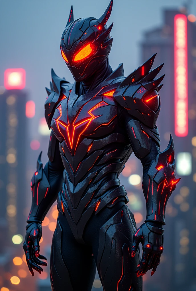 Create a Kamen Rider design inspired by birds of prey. The body shape is slim and flexible. The main colors are black, gray and red. The armor has sharp bird-shaped details, the glasses are shaped like eagle eyes. The transformation item is a claw-shaped ring. The setting is a modern city at night, the Kamen Rider character is standing on a high-rise building, the neon lights reflect on the armor