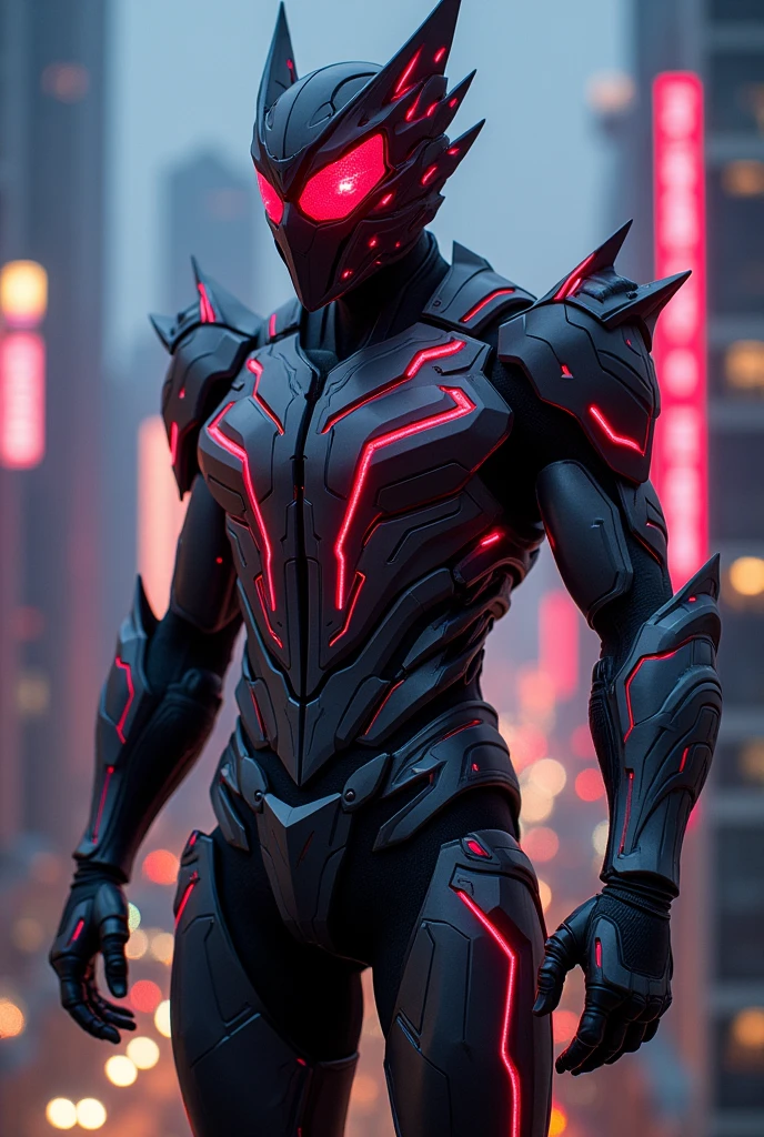 Create a Kamen Rider design inspired by birds of prey. The body shape is slim and flexible. The main colors are black, gray and red. The armor has sharp bird-shaped details, the glasses are shaped like eagle eyes. The transformation item is a claw-shaped ring. The setting is a modern city at night, the Kamen Rider character is standing on a high-rise building, the neon lights reflect on the armor