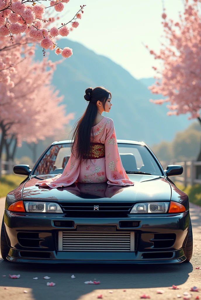 Nissan skyline r32 with a japanese girl sitting on the bonnet