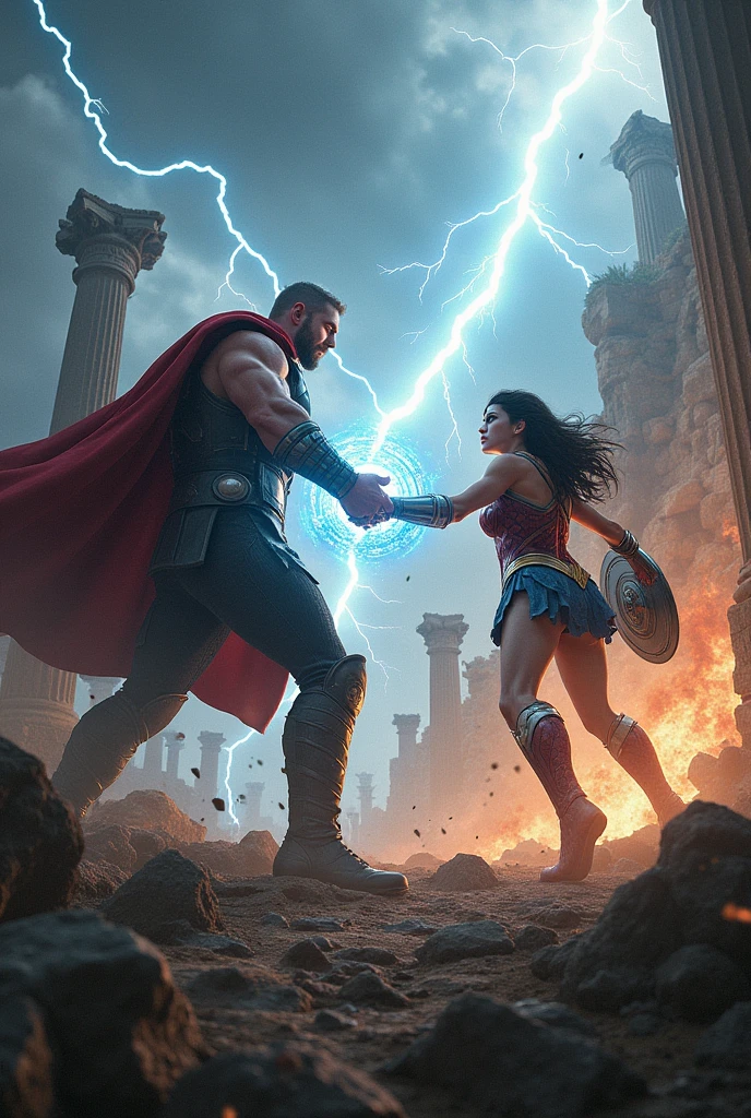 Battlefield of Legends: The ground trembles as Thor and Wonder Woman clash in an ancient ruin. Thor summons a storm of lightning, while Wonder Woman uses her shield to deflect and retaliate. Describe the epic exchange of blows and the sheer force of their attacks.