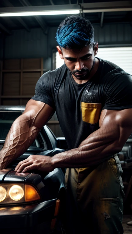 28 years old Vik Reddy car mechanic black grease stains on face and body, car repair in home, bright color, white lights
