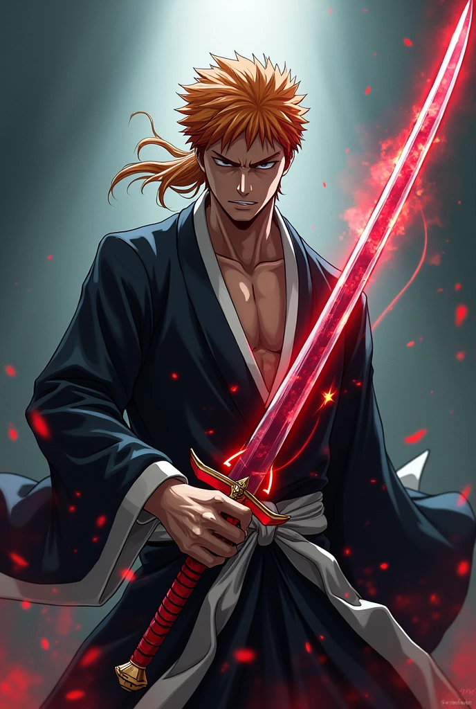 Create a portrait image of shikai release from bleach, A dual-bladed weapon with one side resembling a traditional katana and the other a bladed chain. The chain can extend and retract, giving the weapon versatility in both close and ranged combat.