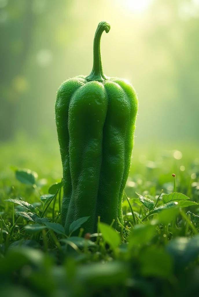There is a very big green chilli in a field and Allah is being formed from the dew fallen chilli and that chilli is very big. Image size 2000