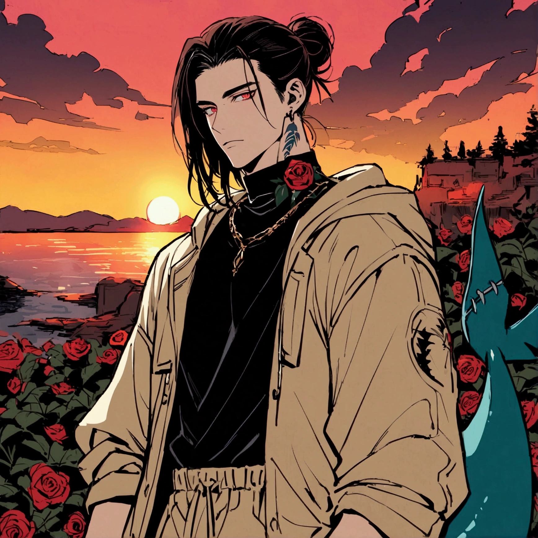 high detailed, Male, maroon long hair with a manbun, red eyes, tattoos of roses on the neck, shark fins on elbows, Shark tail. mock-neck black shirt, beige parka, beige jacket, black baggy cargo pants. Handsome, masculine, Elbow shark fins, young handsome male, Detailed background, 
sunset background