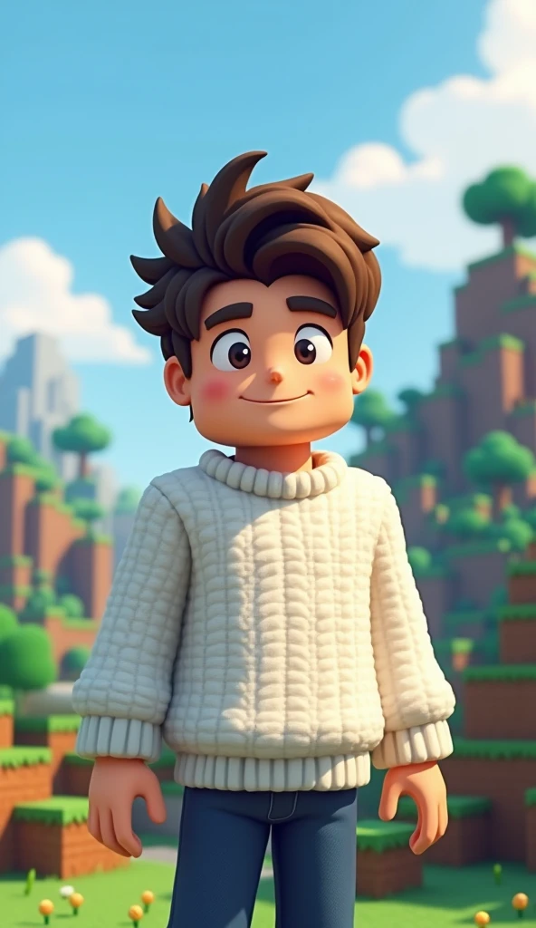 Make a white sweater boy, He has to be like Minecraft and he has to have hair like Gabriel Breia's, the background with a Minecraft world