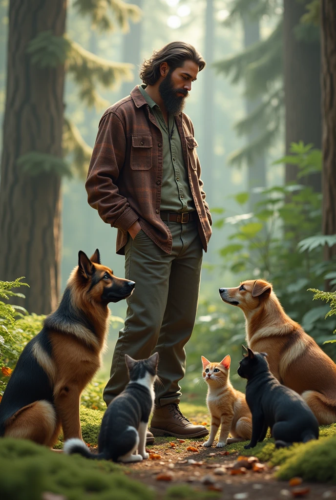 A handsome man with a beard and long hair talking to dogs and cats in the forest.