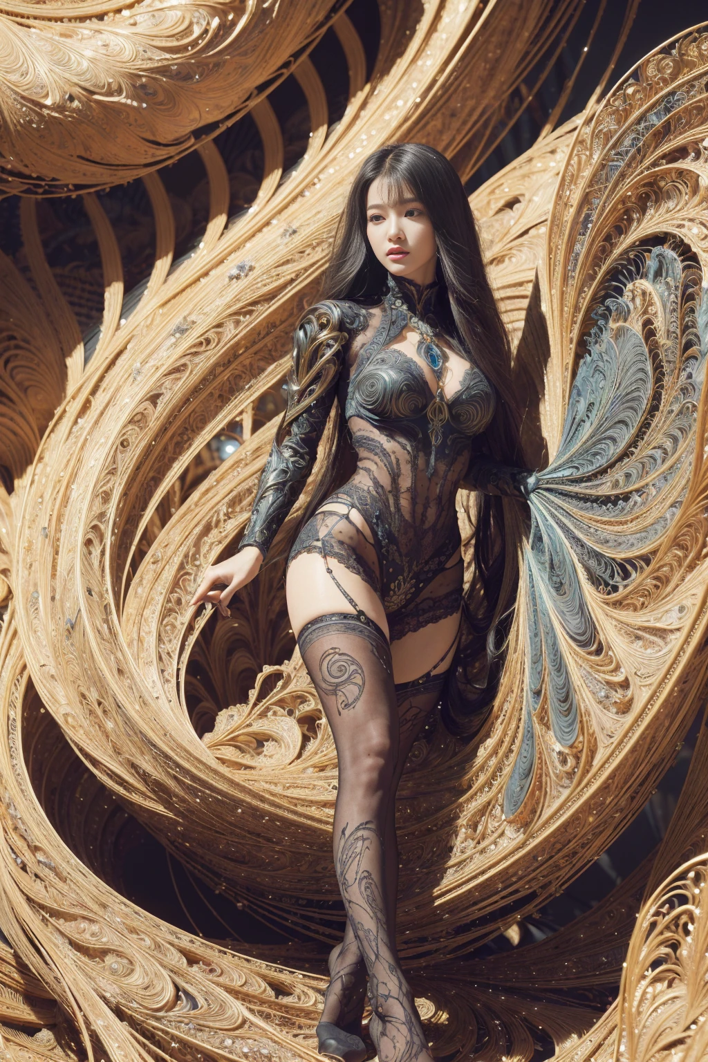 (masterpiece, top quality, best quality, official art, beautiful and aesthetic:1.2), (1girl), (fractal art:1.2),absurdres, highres, ultra detailed, Ultra-precise depiction, solo, (zentangle:1.2), floating hair, shiny skin, (abstract:1.2), pantyhose,looking at viewer, cyberpunk robot, complex robot, halo,