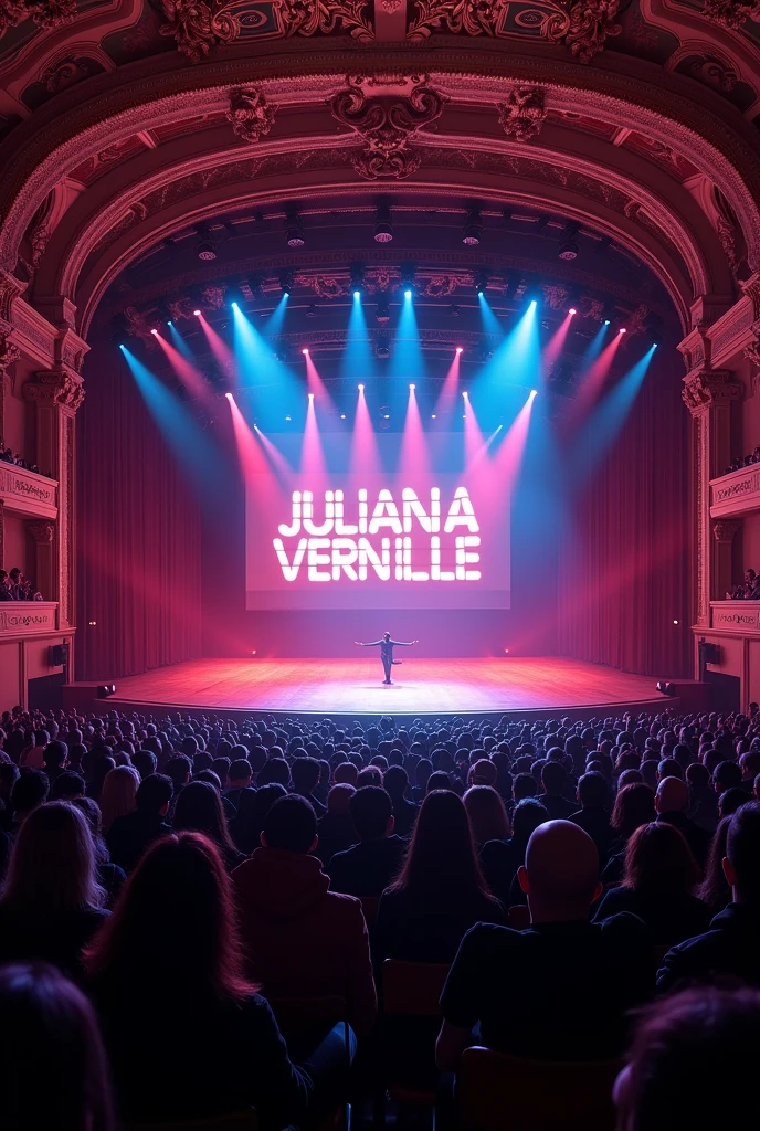 A stage with a screen with the words Juliana Vernille written on it, very beautiful, with thousands of people