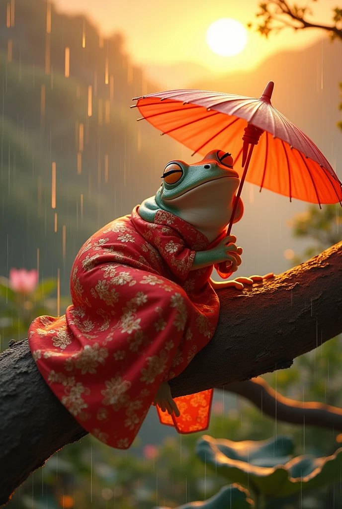 Tree frog,She is wearing a gorgeous red Chinese dress with a floral pattern.,Sleeping on a tree,Ultra-realistic,high resolution,Standing with a lotus leaf umbrella,It is raining in the background,The background is the hilltop at sunset,
