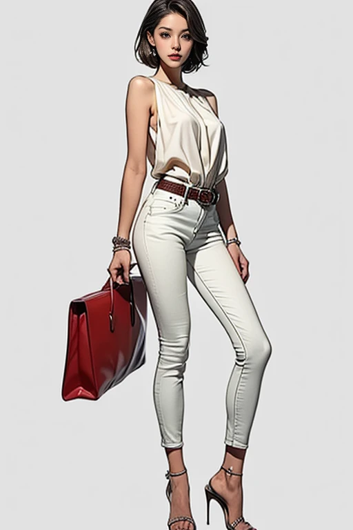 ((best quality,4K,highres,masterpiece:1.2)),((Concept art for characters)), 1 Frau, age 17. For a casual weekend outfit, (((She wears a relaxed yet chic ensemble by Hermes. She wears a simple white silk blouse by Hermes and the iconic high-waisted, Jeans with belt))). The outfit is rounded off by a pair of comfortable Hermes Oran sandals, perfect for a relaxing weekend trip. Her accessories include a classic Hermes Evelyne shoulder bag and a stylish Hermes enamel bracelet. Despite the casual nature of her outfit, Her style exudes effortless elegance and sophistication, which is characteristic of the Hermes brand. ((elaborate details)), superfeine, detailed hands, ultra-fine detailed fingers(((ten fingers))), (stand casually), (Full Body Showcase), (Show full body), (no logos on background), (no logo), ((simple backround)), ((simple backround)), (((blank background))).