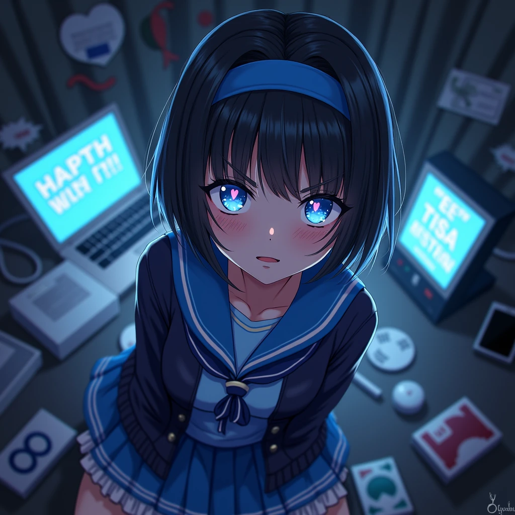 One person, Black Hair,Blue inner color,Hairstyle: Short bob, bangs,Blue Eyes, Droopy eyes,Hearts in eyes, Blue headband, anime, anime風, skirt,Frills,Mine system,smartphone,Blue sailor suit,Dark cardigan,Drooping eyes,Confused eyes,Worried brow,Yandere,background computer,smartphone,delivery,Illness,dark,Korelis
