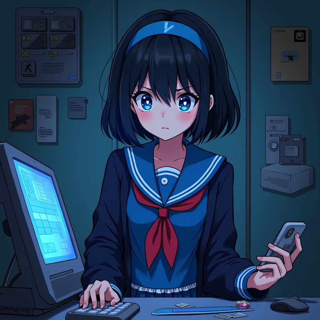 One person, Black Hair,Blue inner color,Hairstyle: Short bob, bangs,Blue Eyes, Droopy eyes,Hearts in eyes, Blue headband, anime, anime風, skirt,Frills,Mine system,smartphone,Blue sailor suit,Dark cardigan,Drooping eyes,Confused eyes,Worried brow,Yandere,background computer,smartphone,delivery,Illness,dark,Korelis
