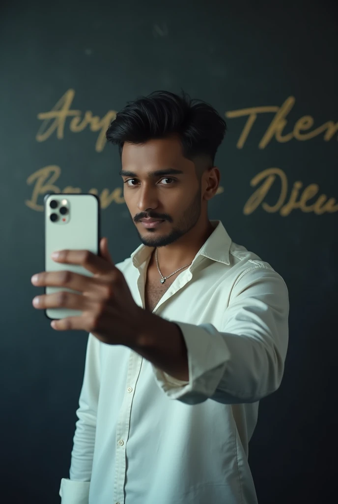 In a studio, the young man bravely takes a selfie in the mirror with an iPhone 15 in a white shirt. Cinematic alo., hard cool writing background, Bangladeshi, Age: 23. Nice hairstyle, dark hair, light beard on cheeks. Urban look