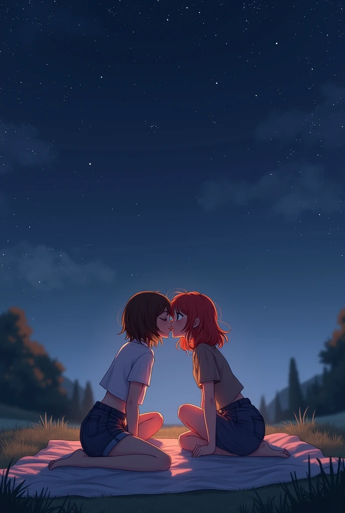 on a starry night, under a sky full of stars, Two girls are lying on a blanket on the floor. The first girl has red hair, messy and loose to the shoulders, while the second has brown hair. They are both in a relaxed and tender posture. The redhead girl is leaning towards the other and kisses her gently on the cheek, showing a gesture of love and affection. The night environment is softly illuminated by the stars, creating an intimate and romantic atmosphere.