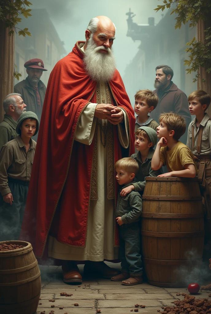 I need a kind-looking Bishop Nicholas with his smoke coat open. To his right a barrel with three boys.
Left three "Virgins" Under the smoke cloak various persons according to the patronage: Also Kind, Baker, Metzger, sailor, Firefighter, Prisoner, Jurist, Prison guard, Pharmacist, Lovers, Dealer, Sex workers