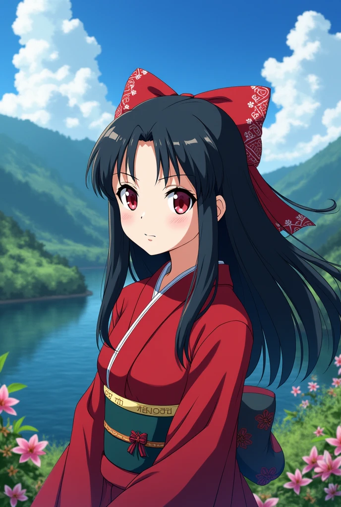 Kimetsu no Yaiba screenshot of a girl with black hair parted in two with a red ribbon and red eyes. A beautiful landscape behind her. She is wearing a red kimono. Ufotable, ss4