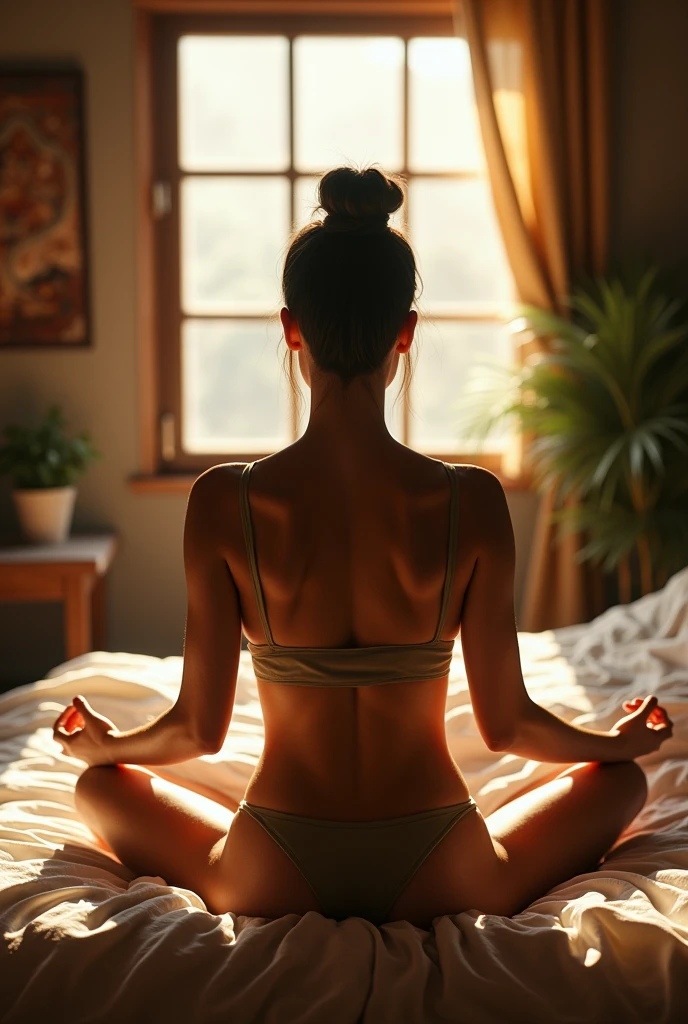 Yogini, woman wearing bra only no pants, lower body nude, sitting on bed, indoors, bhutan, window with sunlight, cozy room, relaxed pose, realistic, intricate details, warm colors