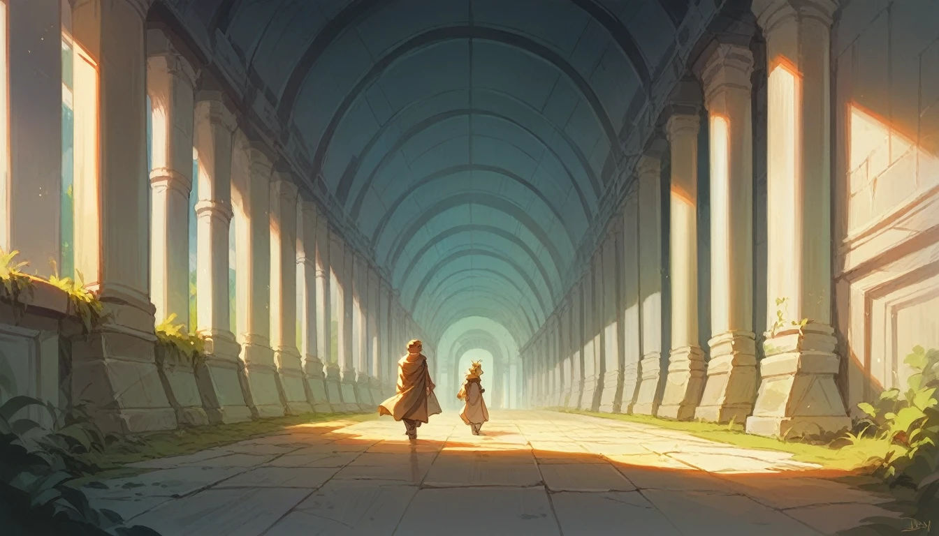 The Aryan and sia walking cautiously through a dimly lit tunnel with shadowy figures around them."