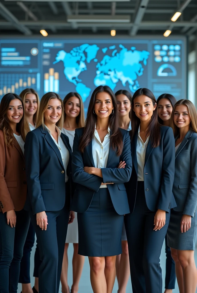 A group of young professional women in business attire standing together, with various business and data visualization icons and graphics in the background
