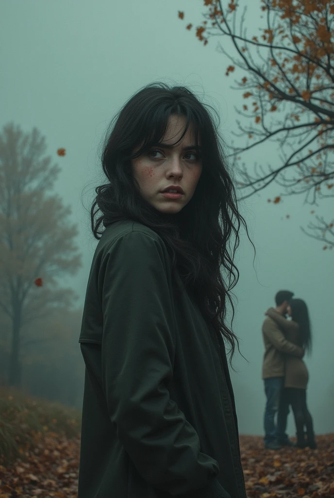 A scene of a woman looking into the distance, with tears in his eyes as he watches his ex-partner smiling in someone else's arms. The landscape is melancholic, with a cloudy sky and falling leaves, symbolizing the passage of time.