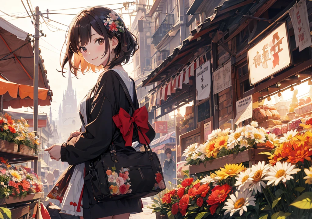 Realistic photos, Focus distance 10mm, Red and white, Beautiful girl, Realistic photos, Shooting at focus distance 10mm, masterpiece, 最high quality, high quality, Very detailed CG 8k wallpaper unit, Award-winning photography, Depth of written boundary, High resolution, bloom, chromatic aberration, Realistic, Very detailed, Art Station Trends, CGsociety Trends, Complex, High detail, dramatic, Art on the go, volumetric lighting, A young girl holds a bouquet of flowers amidst rows of colorful fruit and fresh flowers in a bustling Disney-style French market, smiling as she enjoys the scent of the flowers, with Disney-style painted old stone buildings in the background