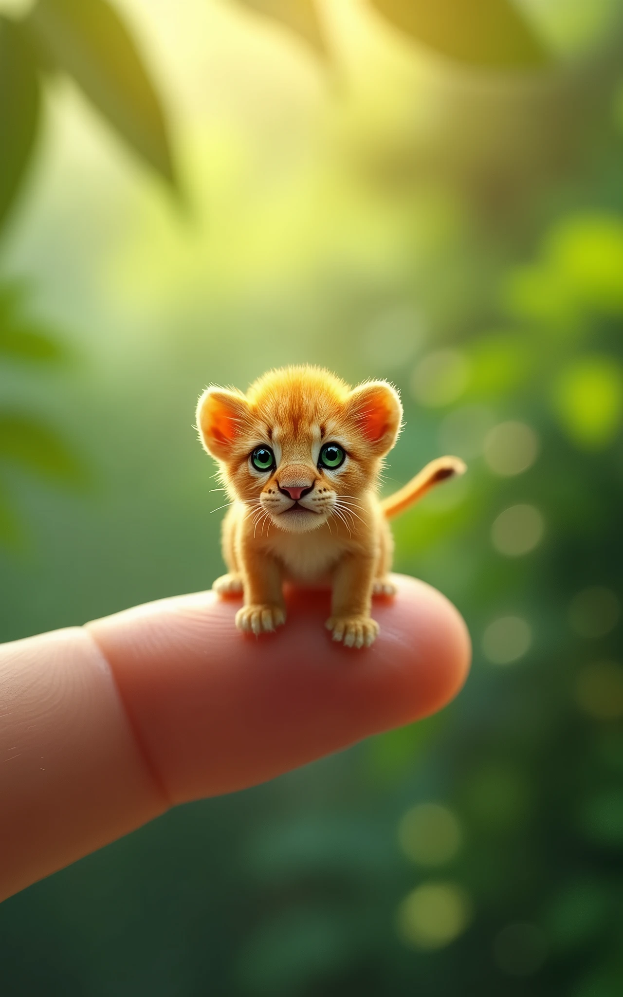 Photorealistic, 34k, A micro lion perched on a human finger