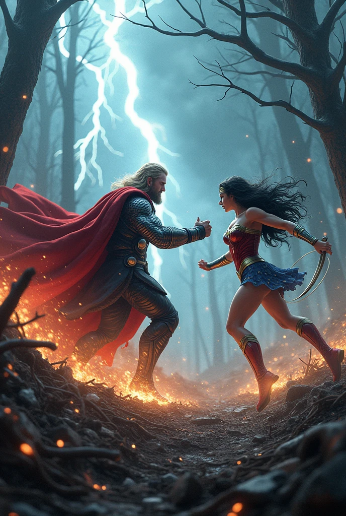 God vs. Amazon: In a forest of shattered trees and scorched earth, Thor and Wonder Woman face off. Thor channels a tempest to create a cyclone of wind and lightning, while Wonder Woman deftly maneuvers through the storm, countering with her lasso and sword. Capture the contrast of their fighting styles.