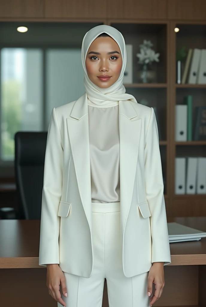 30 year old, malay women, body weight 55kg and height 158cm, ( Dead Rank 1.3), wearing white suit, wearing hijab scarf, polite girl, infornt of office desk, cinematic scene, masterpiece, 4k HD, 8k hd